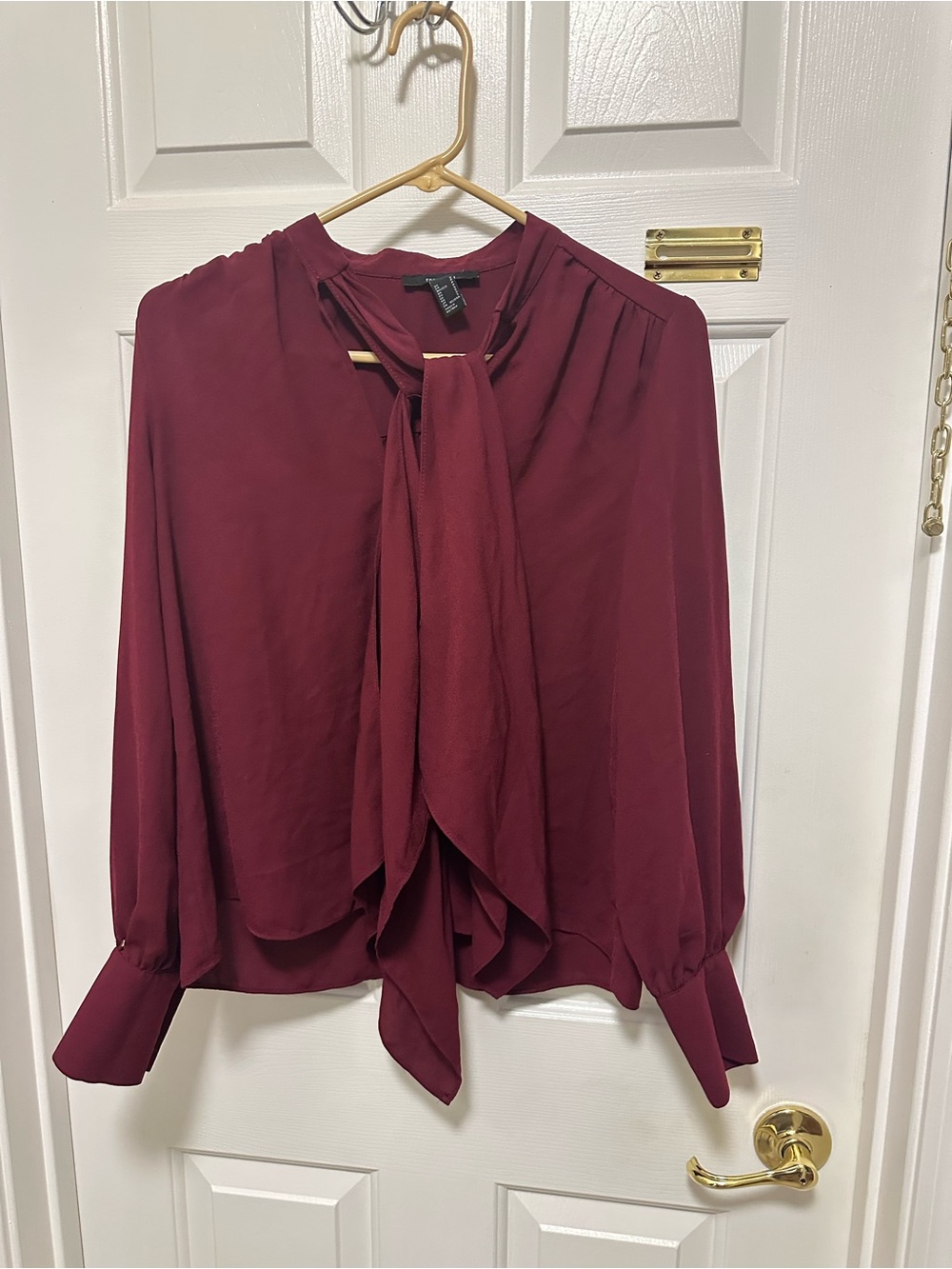 Forever 21 Burgundy Tie-Neck Long Sleeve Blouse